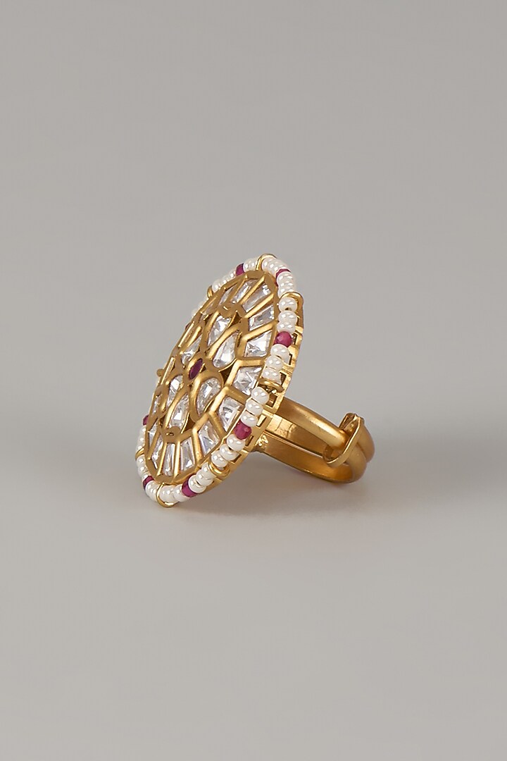 Gold Finish Uncut Zircon & Synthetic Ruby Stone Adjustable Ring by Aryah Jewels at Pernia's Pop Up Shop