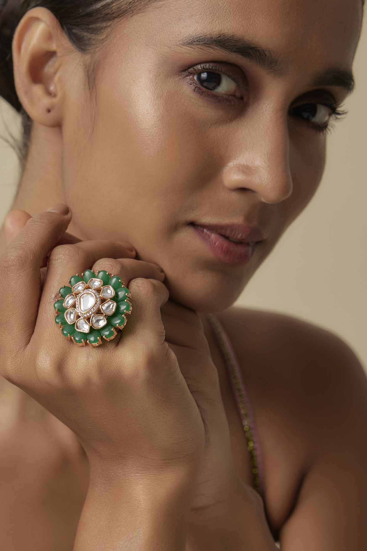 Gold Finish Uncut Zircon & Synthetic Emerald Stone Adjustable Ring by Aryah Jewels at Pernia's Pop Up Shop
