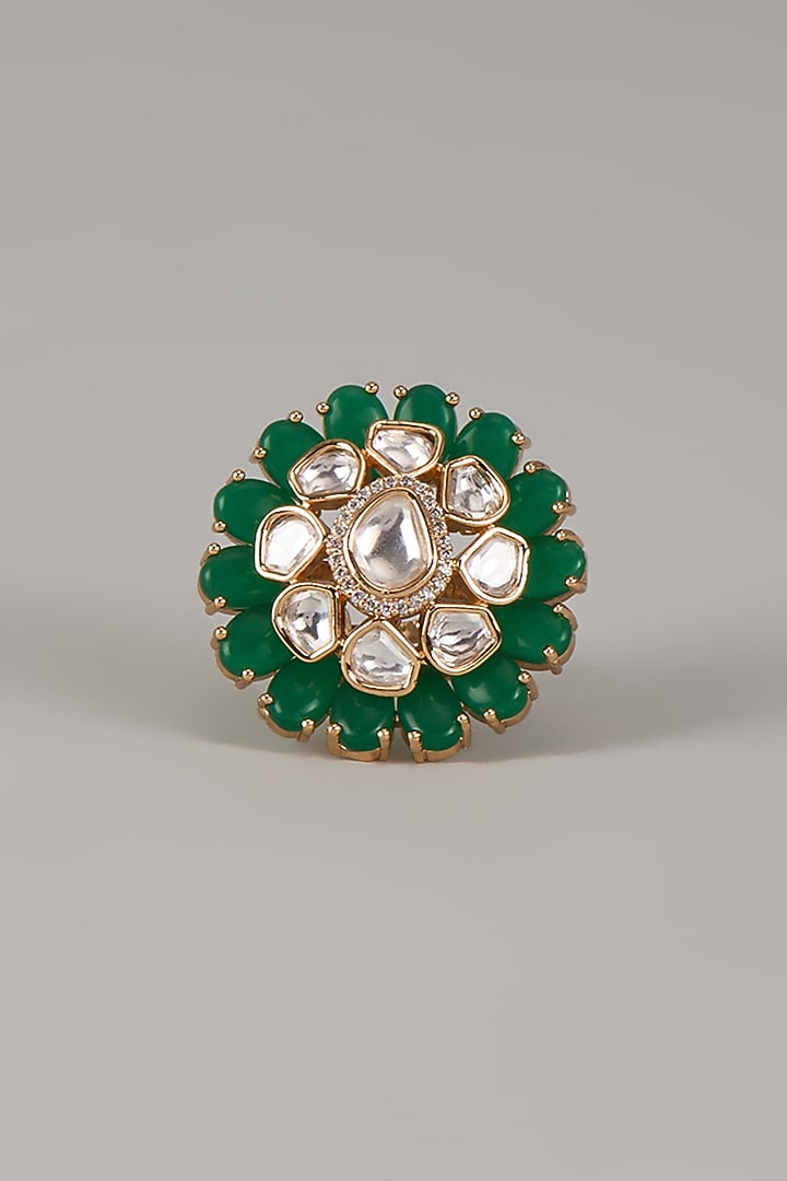Gold Finish Uncut Zircon & Synthetic Emerald Stone Adjustable Ring by Aryah Jewels at Pernia's Pop Up Shop