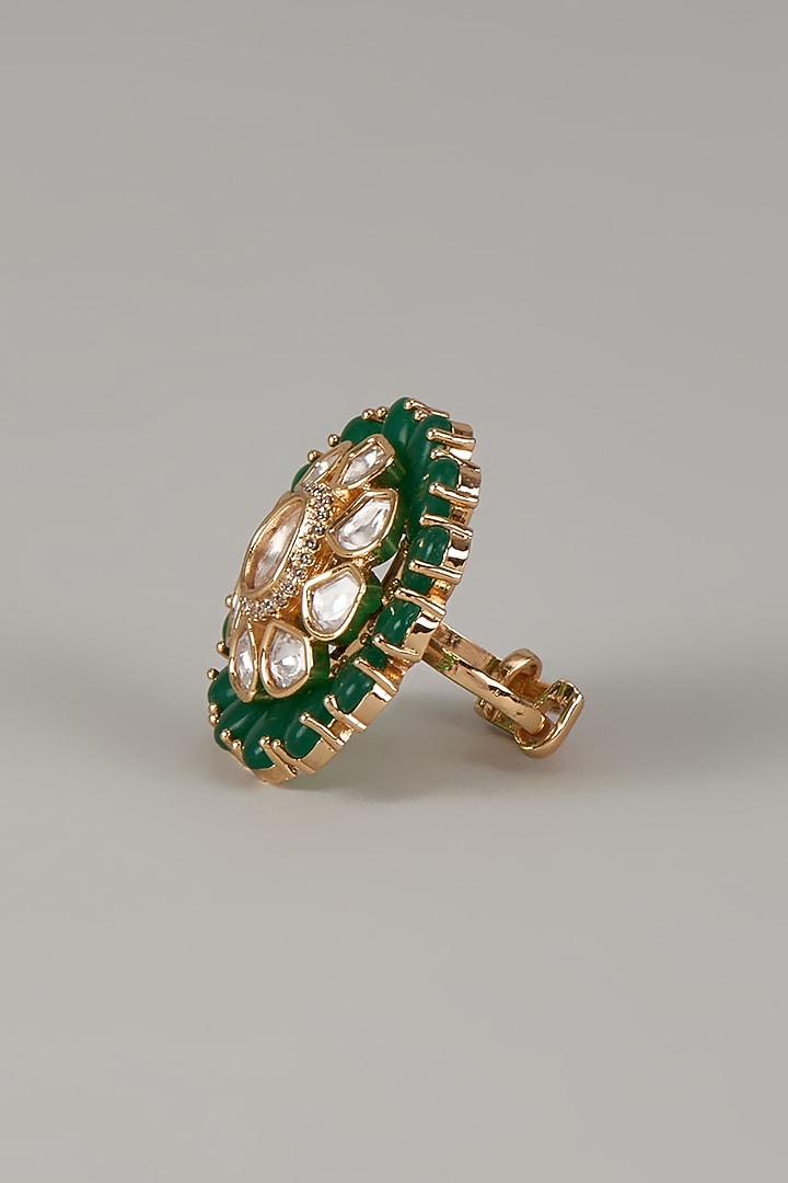 Gold Finish Uncut Zircon & Synthetic Emerald Stone Adjustable Ring by Aryah Jewels at Pernia's Pop Up Shop