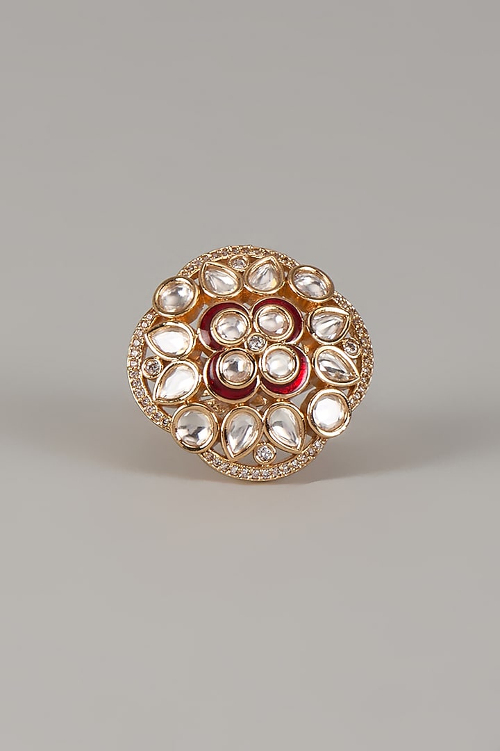 Gold Finish Uncut Zircon Red Enameled Adjustable Ring by Aryah Jewels at Pernia's Pop Up Shop
