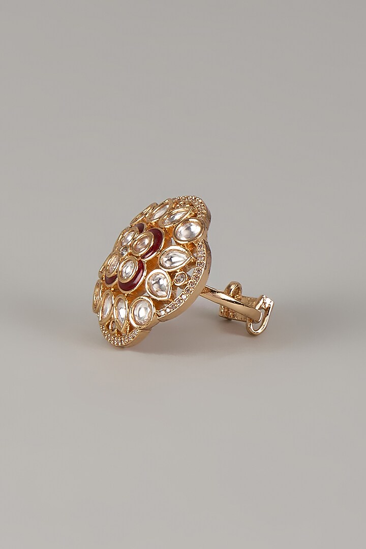 Gold Finish Uncut Zircon Red Enameled Adjustable Ring by Aryah Jewels at Pernia's Pop Up Shop