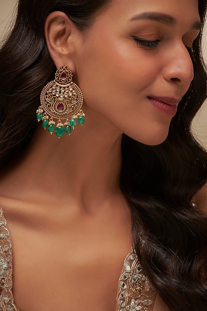 Gold Finish Uncut Zircon & Red Stone Dangler Earrings by Aryah Jewels at Pernia's Pop Up Shop