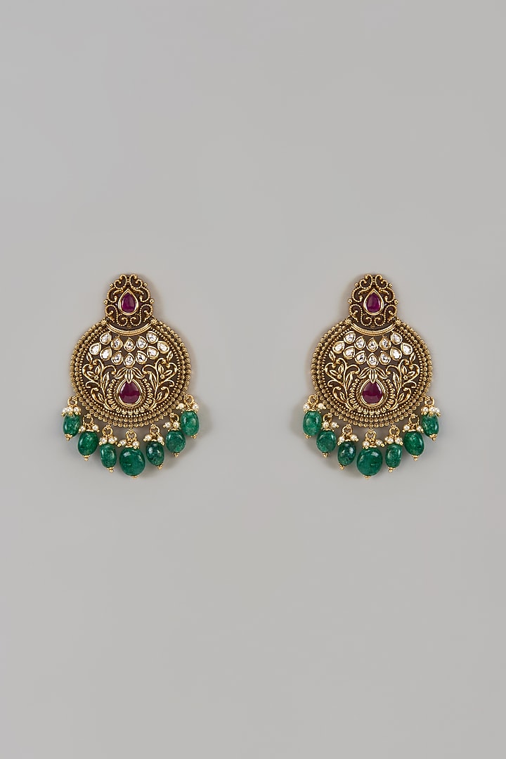 Gold Finish Uncut Zircon & Red Stone Dangler Earrings by Aryah Jewels at Pernia's Pop Up Shop