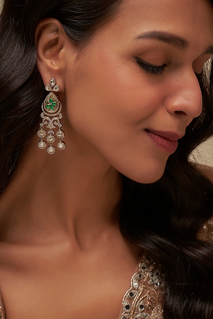 Victorian Finish Uncut Zircon & Emerald Stone Dangler Earrings by Aryah Jewels at Pernia's Pop Up Shop