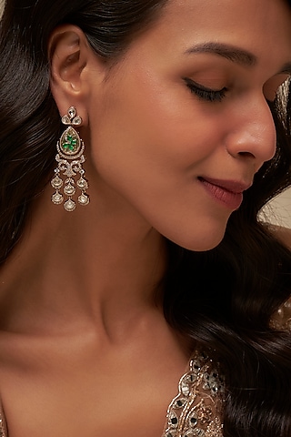 Victorian Finish Uncut Zircon & Emerald Stone Dangler Earrings by Aryah Jewels