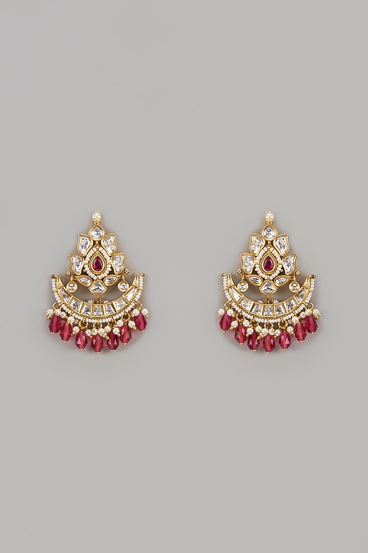 Gold Finish Uncut Zircon & Ruby Stone Chandbali Earrings by Aryah Jewels at Pernia's Pop Up Shop