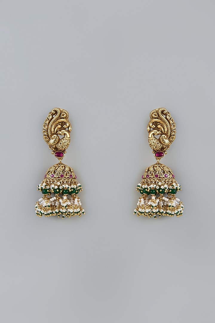 Gold Finish Uncut Zircon & Emerald Stone Temple Jhumka Earrings by Aryah Jewels at Pernia's Pop Up Shop