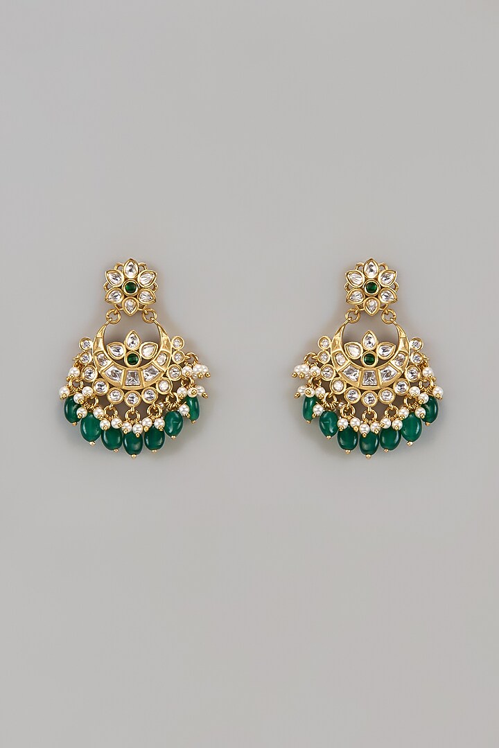 Gold Finish Uncut Zircon & Emerald Beaded Dangler Earrings by Aryah Jewels at Pernia's Pop Up Shop