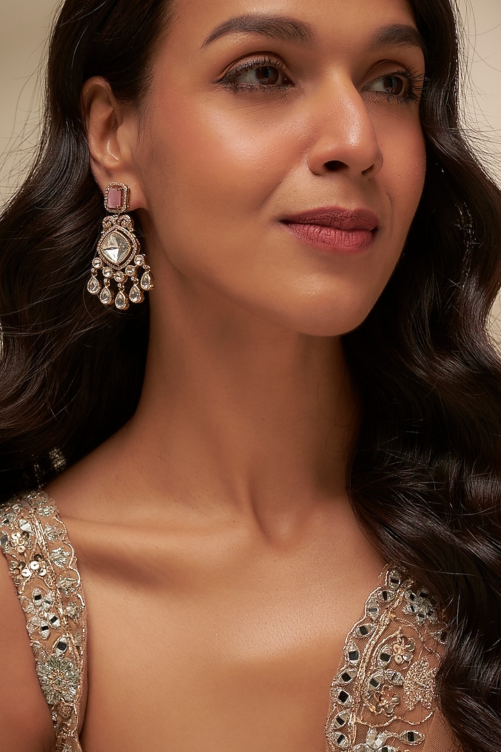 Black Rhodium Finish Uncut Zircon & Pink Stone Dangler Earrings by Aryah Jewels at Pernia's Pop Up Shop