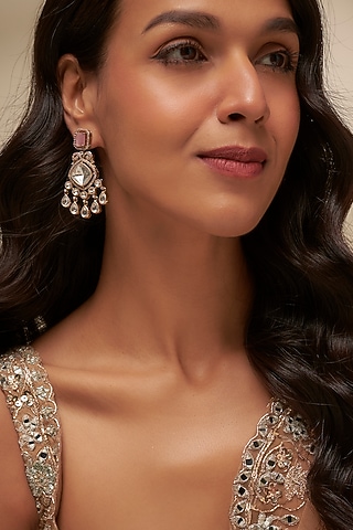 Black Rhodium Finish Uncut Zircon & Pink Stone Dangler Earrings by Aryah Jewels
