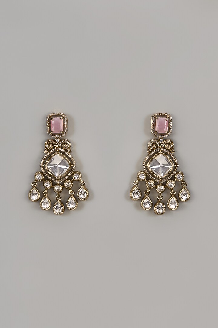 Black Rhodium Finish Uncut Zircon & Pink Stone Dangler Earrings by Aryah Jewels at Pernia's Pop Up Shop
