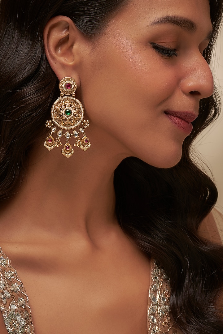 Gold Finish Round Green & Pink Stone Floral Dangler Earrings by Aryah Jewels at Pernia's Pop Up Shop