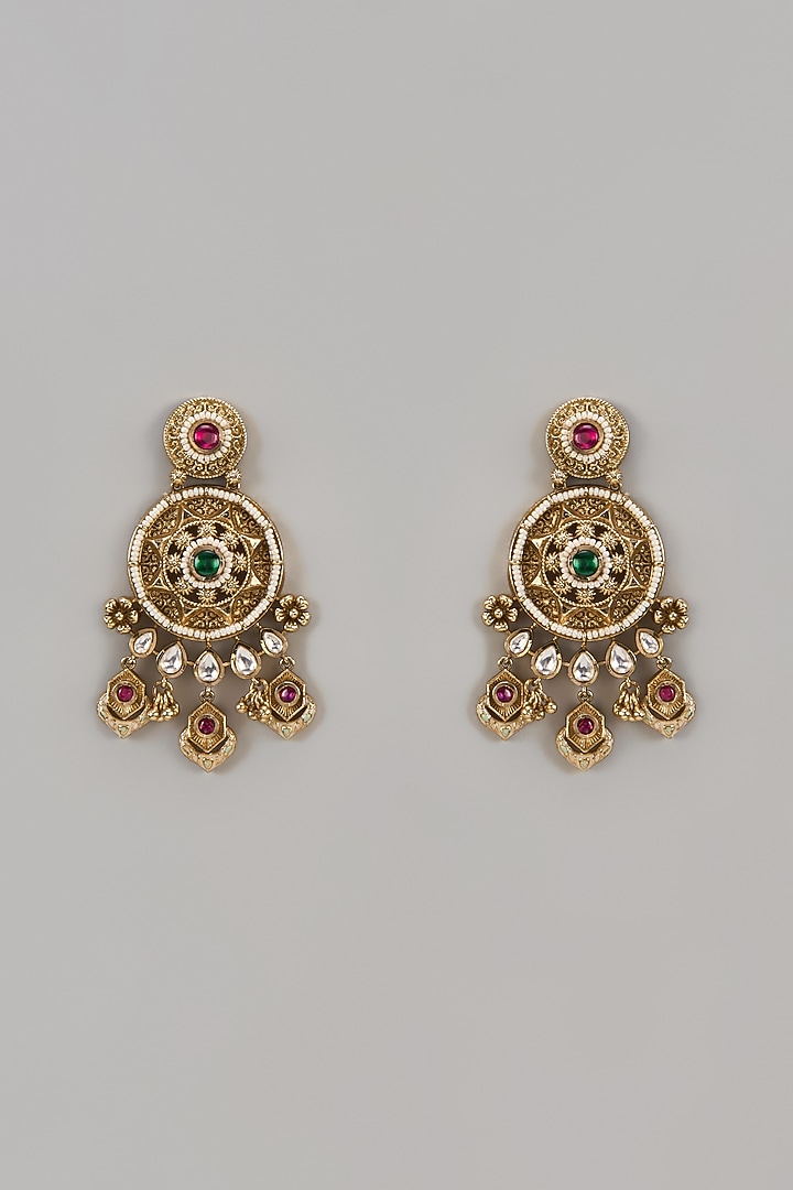 Gold Finish Round Green & Pink Stone Floral Dangler Earrings by Aryah Jewels at Pernia's Pop Up Shop