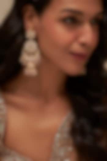 Gold Finish Uncut Zircon & Pearl Floral Jhumka Earrings by Aryah Jewels at Pernia's Pop Up Shop