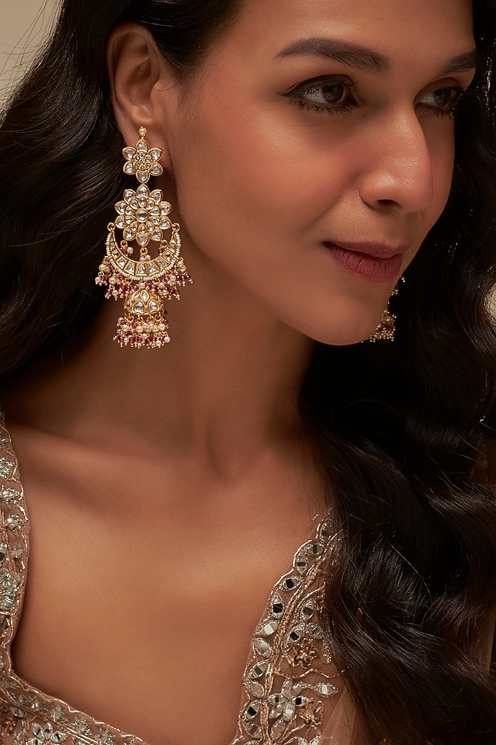 Gold Finish Uncut Zircon & Pearl Floral Jhumka Earrings by Aryah Jewels at Pernia's Pop Up Shop