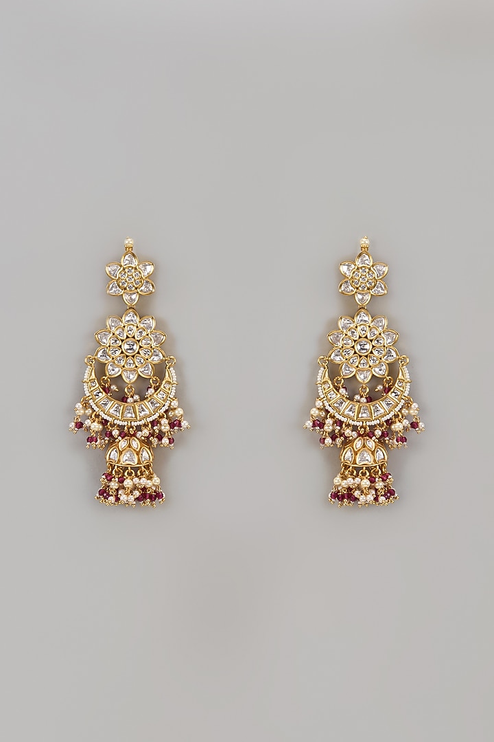 Gold Finish Uncut Zircon & Pearl Floral Jhumka Earrings by Aryah Jewels at Pernia's Pop Up Shop