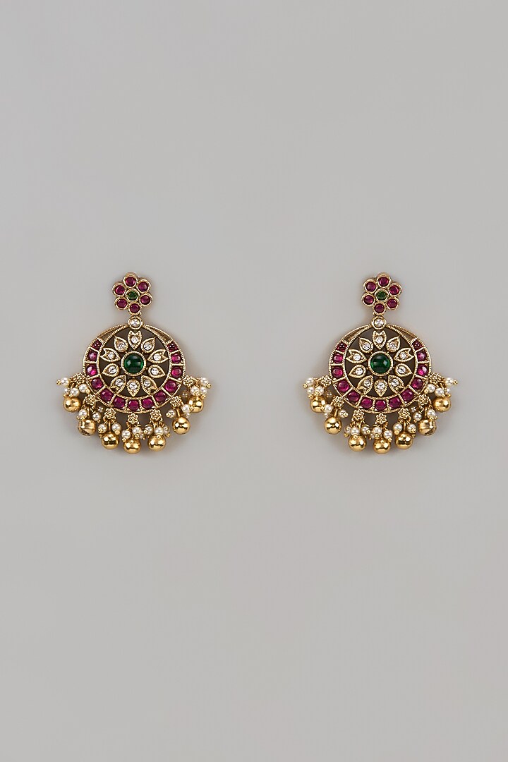 Gold Finish Pink & Green Stone Chandbali Earrings by Aryah Jewels at Pernia's Pop Up Shop