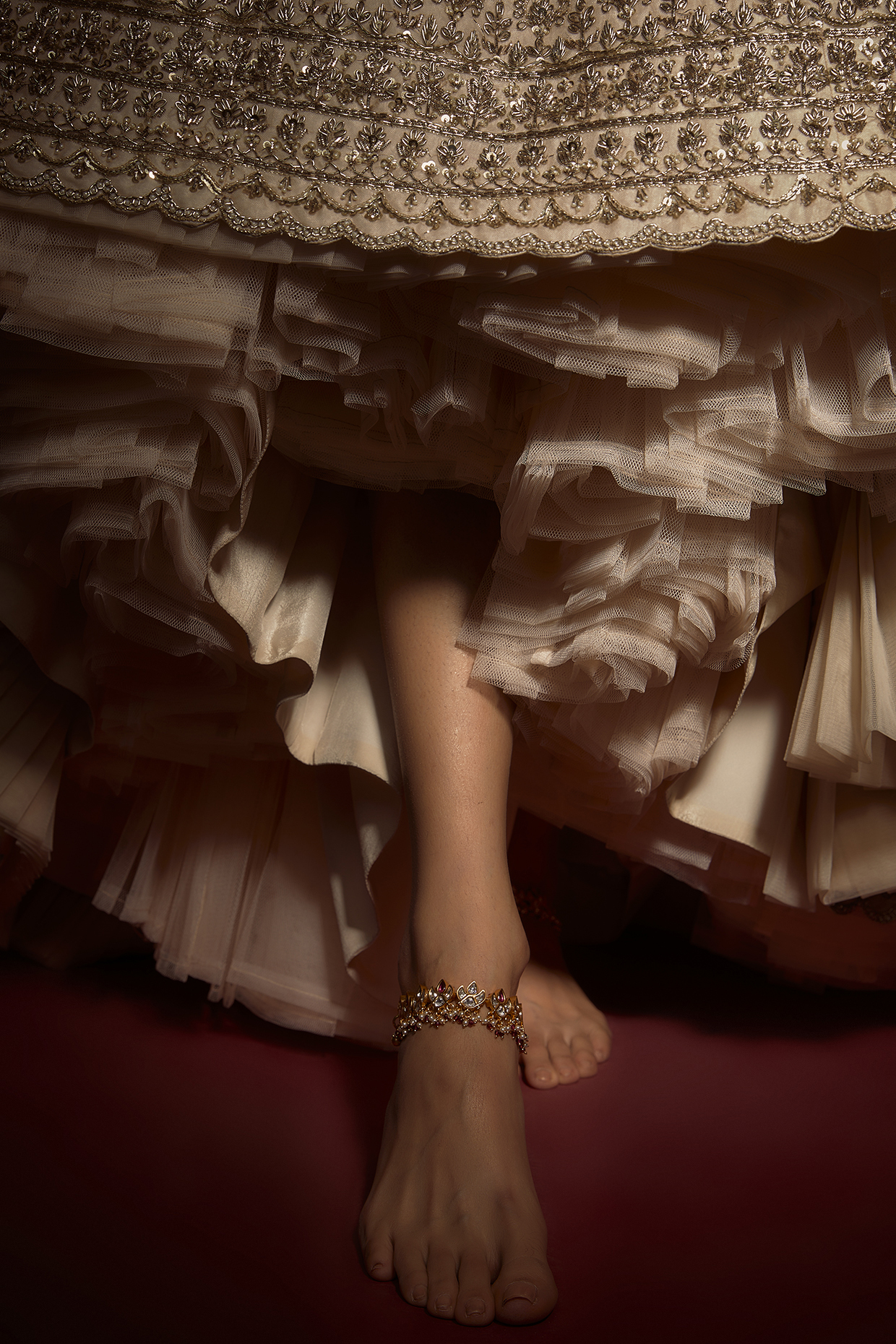 Gold Finish Kundan Polki & Synthetic Ruby Stone Anklets (Set Of 2) by Aryah Jewels at Pernia's Pop Up Shop