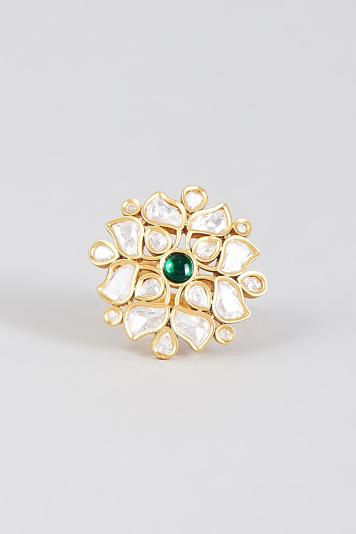 Gold Finish Synthetic Emerald Stone Ring by Aryah Jewels at Pernia's Pop Up Shop
