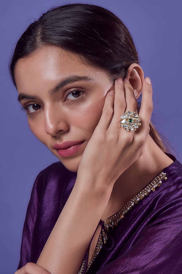 Gold Finish Synthetic Emerald Stone Ring by Aryah Jewels at Pernia's Pop Up Shop