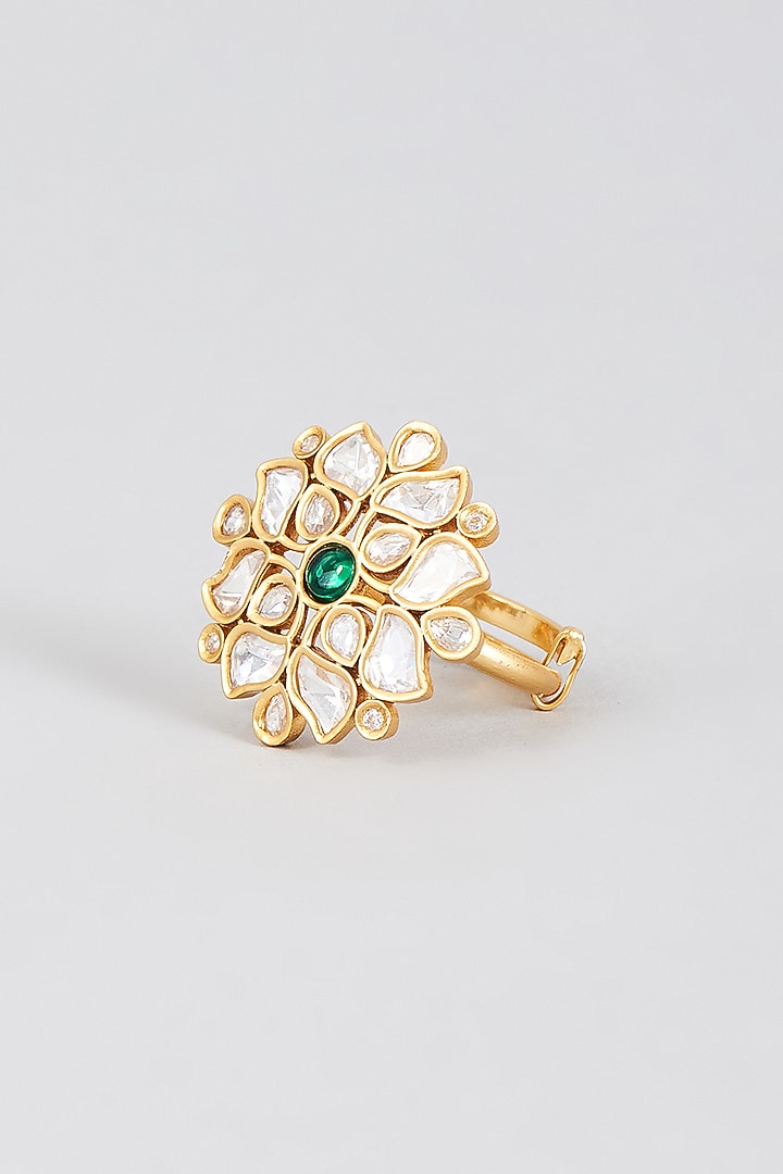 Gold Finish Synthetic Emerald Stone Ring by Aryah Jewels at Pernia's Pop Up Shop