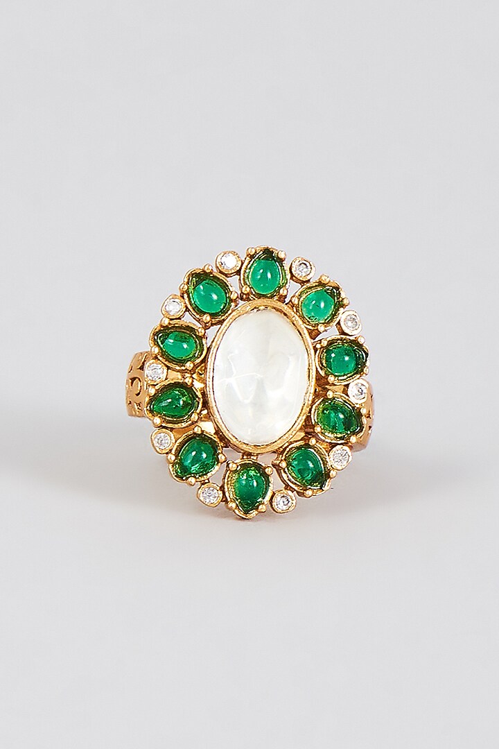 Gold Finish Synthetic Emerald Stone Ring by Aryah Jewels at Pernia's Pop Up Shop