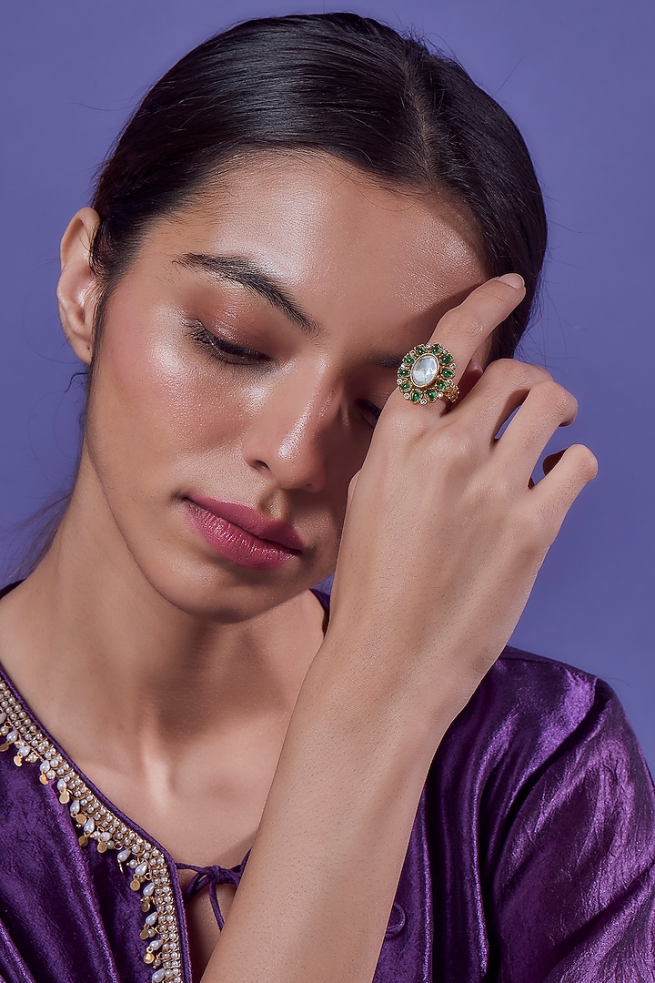 Gold Finish Synthetic Emerald Stone Ring by Aryah Jewels at Pernia's Pop Up Shop