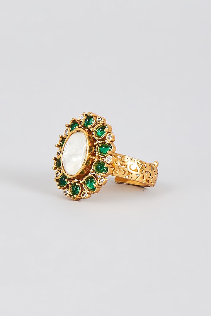 Gold Finish Synthetic Emerald Stone Ring by Aryah Jewels at Pernia's Pop Up Shop