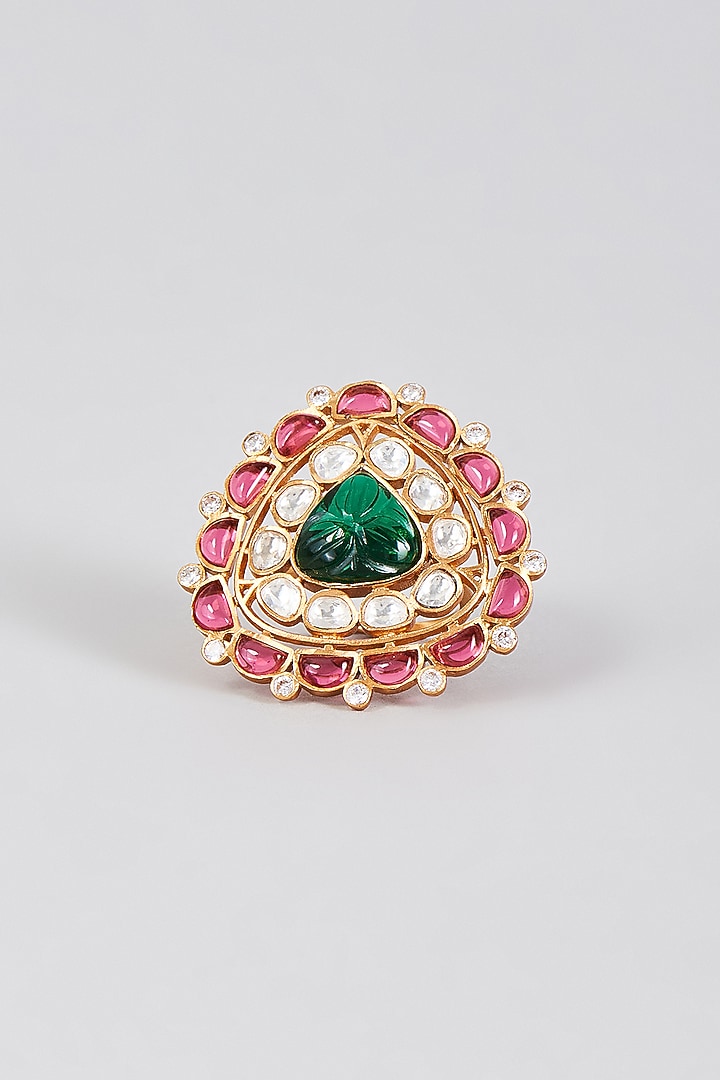 Gold Finish Synthetic Emerald Stone Ring by Aryah Jewels at Pernia's Pop Up Shop