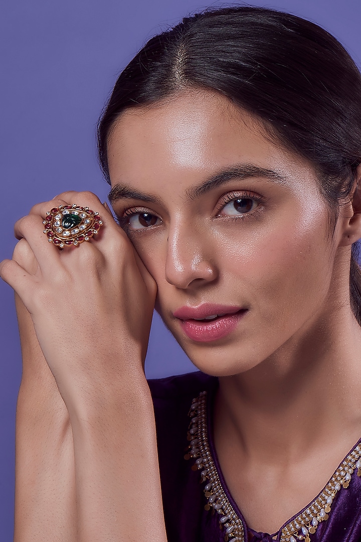 Gold Finish Synthetic Emerald Stone Ring by Aryah Jewels at Pernia's Pop Up Shop