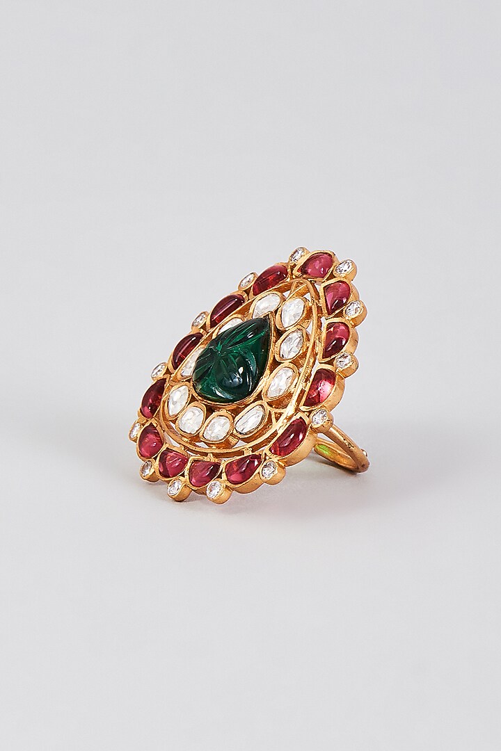 Gold Finish Synthetic Emerald Stone Ring by Aryah Jewels at Pernia's Pop Up Shop