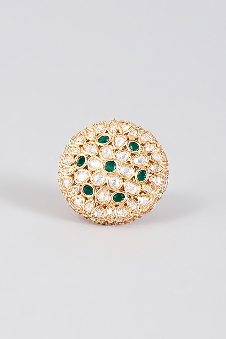 Gold Finish Kundan Polki & Synthetic Emerald Stone Ring by Aryah Jewels at Pernia's Pop Up Shop