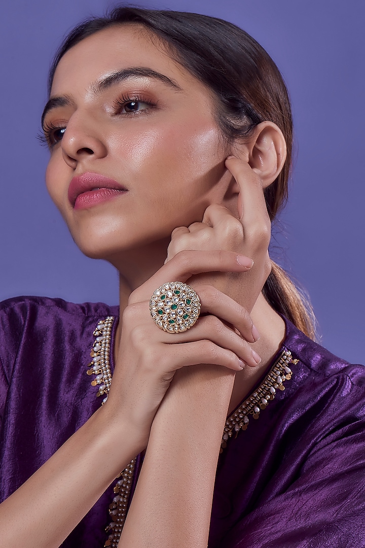 Gold Finish Kundan Polki & Synthetic Emerald Stone Ring by Aryah Jewels at Pernia's Pop Up Shop