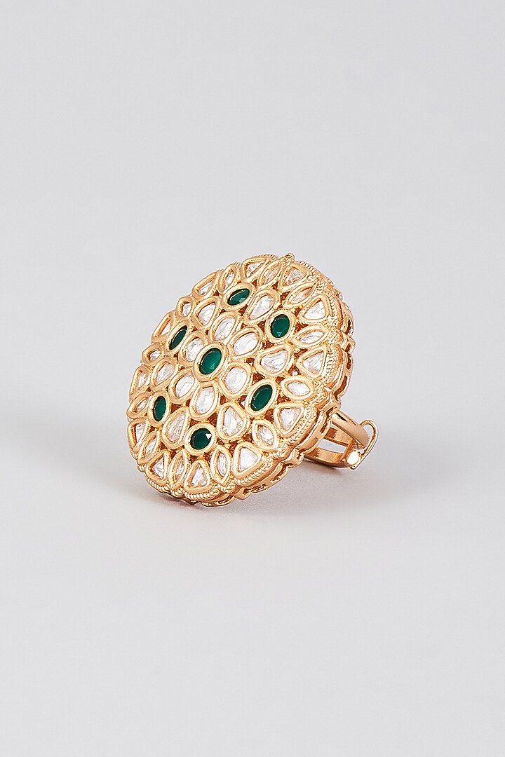 Gold Finish Kundan Polki & Synthetic Emerald Stone Ring by Aryah Jewels at Pernia's Pop Up Shop