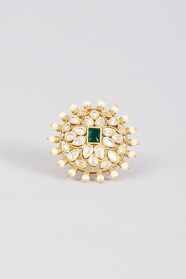 Gold Finish Pearl & Synthetic Emerald Stone Ring by Aryah Jewels at Pernia's Pop Up Shop