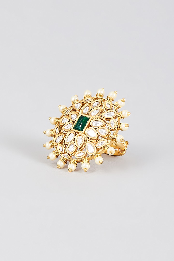 Gold Finish Pearl & Synthetic Emerald Stone Ring by Aryah Jewels at Pernia's Pop Up Shop