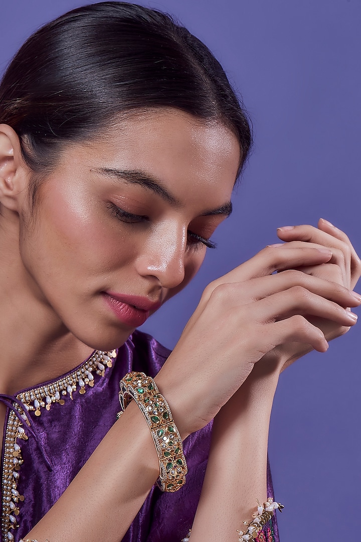 Gold Finish Synthetic Emerald Stone Enamelled Bracelet by Aryah Jewels