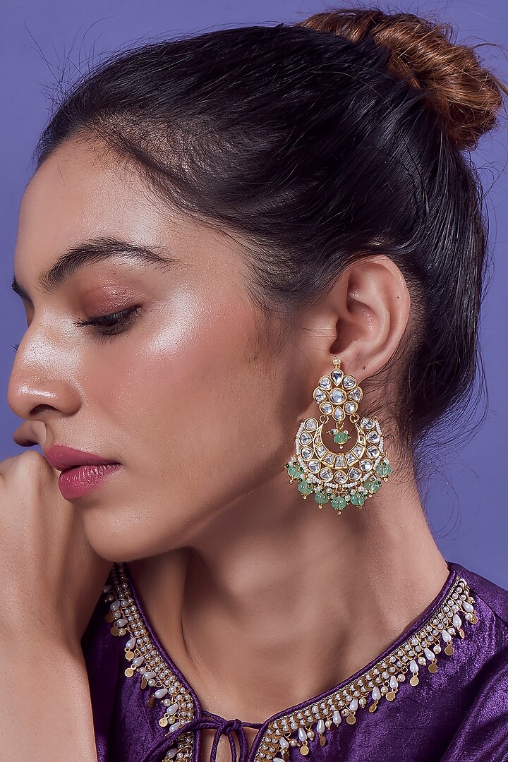 Gold Finish Turquoise Kundan Polki Chandbali Earrings by Aryah Jewels at Pernia's Pop Up Shop