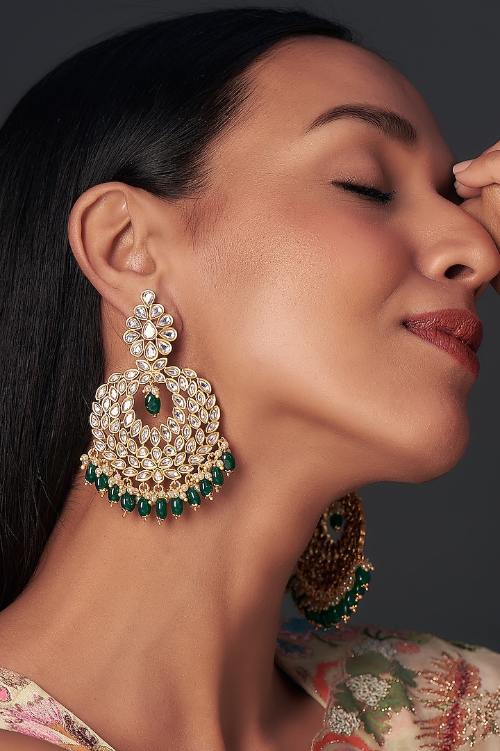 Gold Finish Green Kundan Polki Chandbali Earrings by Aryah Jewels at Pernia's Pop Up Shop