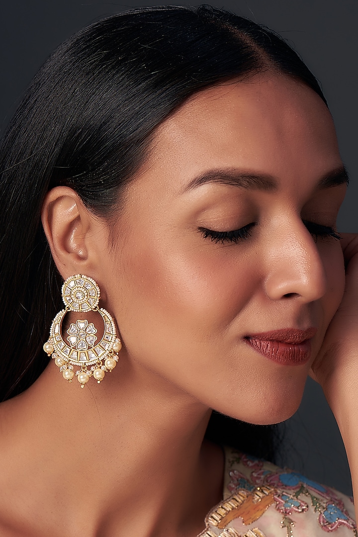 Gold Finish White Kundan Polki Chandbali Earrings by Aryah Jewels at Pernia's Pop Up Shop