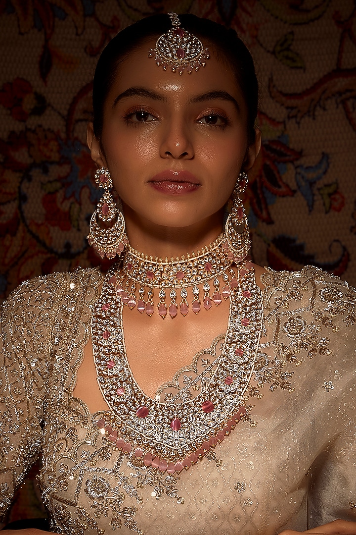 Long Pink Kundan Necklace Gold Finish Pink Kundan Polki Long