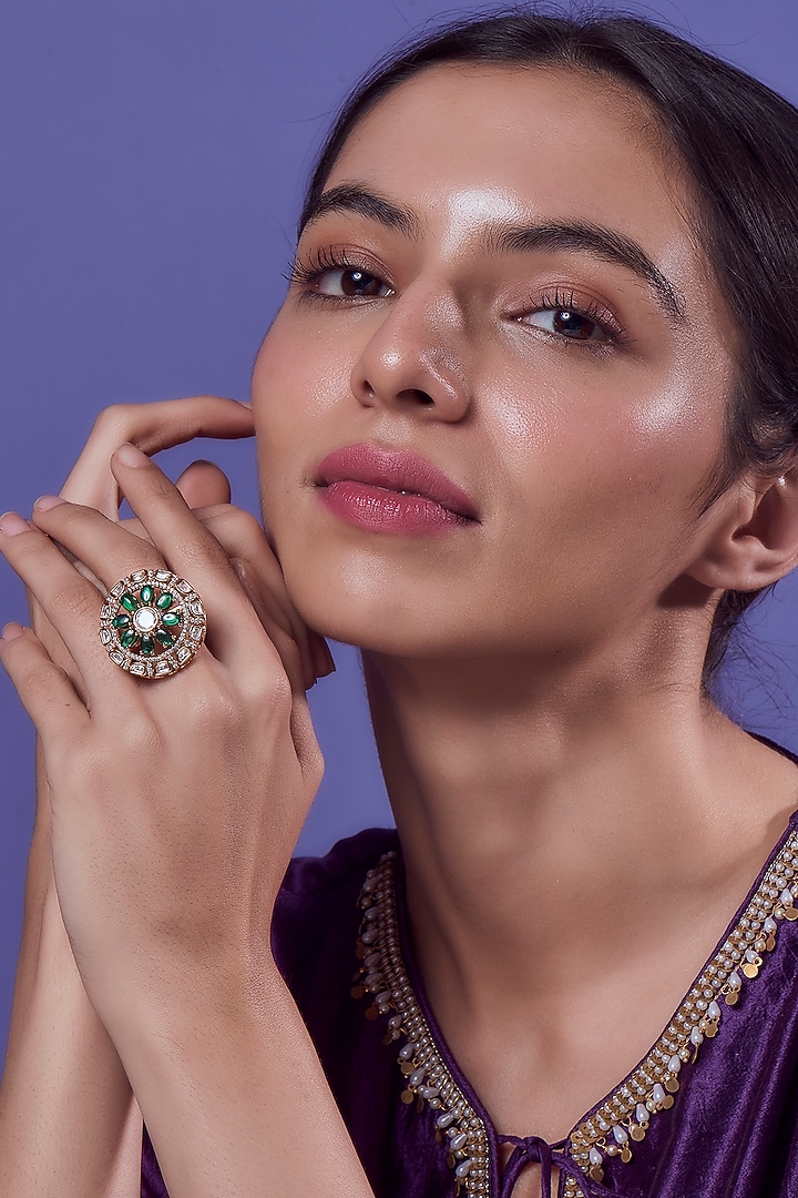 Gold Finish Emerald Synthetic Stone Ring by Aryah Jewels at Pernia's Pop Up Shop