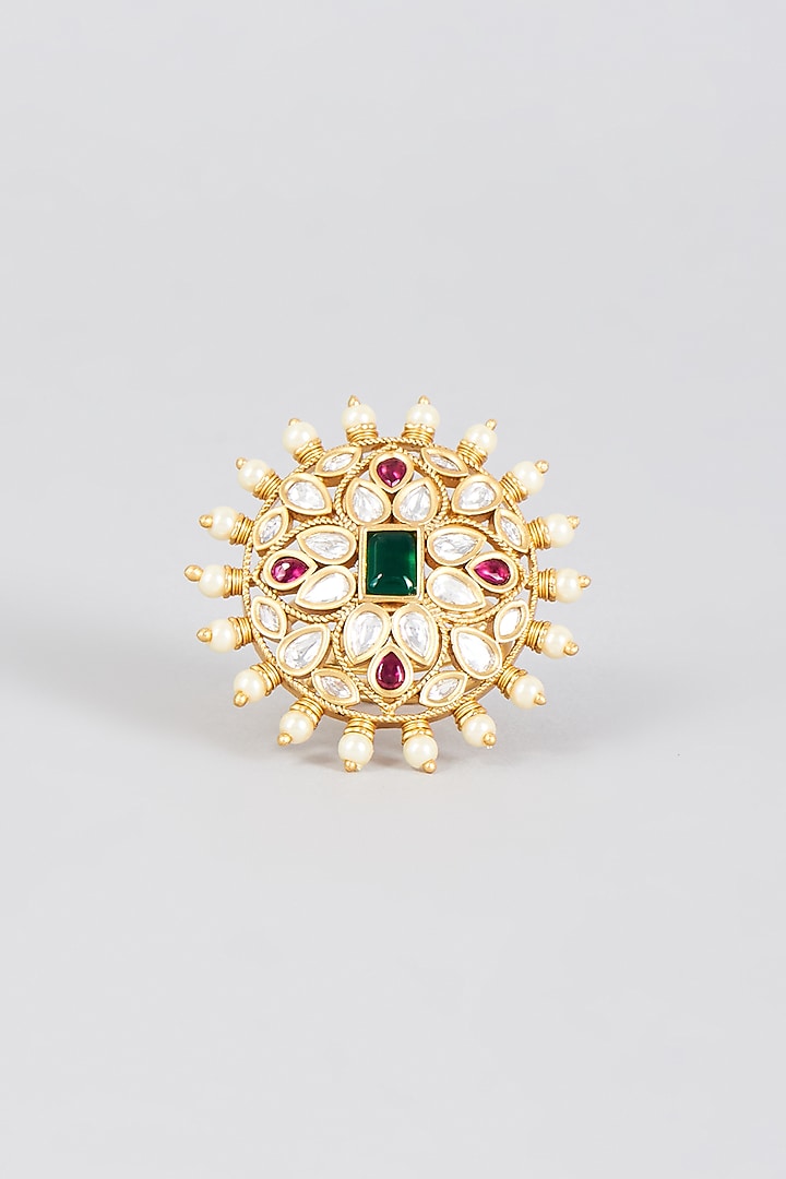 Gold Finish Emerald Synthetic Stone & Yellow Pearl Ring by Aryah Jewels at Pernia's Pop Up Shop