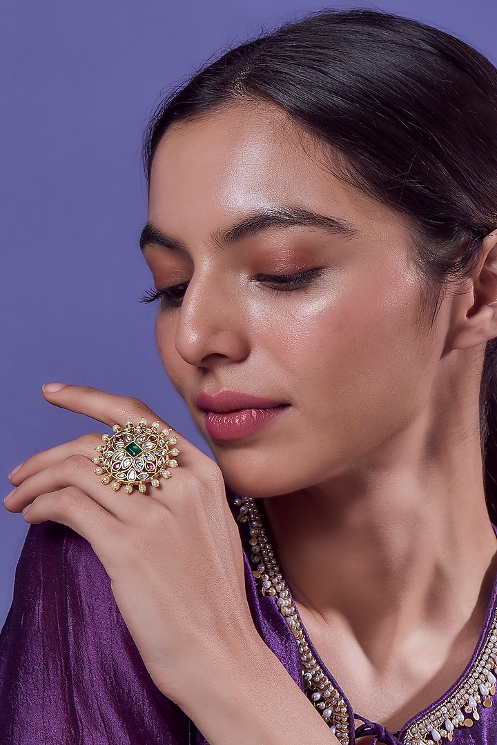 Gold Finish Emerald Synthetic Stone & Yellow Pearl Ring by Aryah Jewels at Pernia's Pop Up Shop