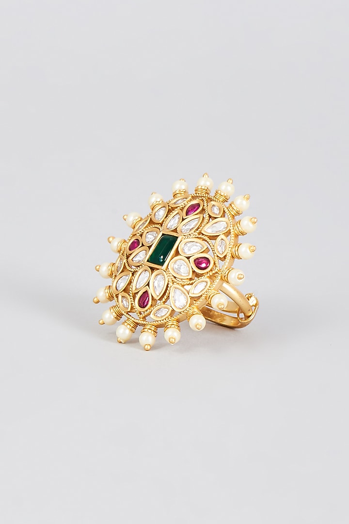 Gold Finish Emerald Synthetic Stone & Yellow Pearl Ring by Aryah Jewels at Pernia's Pop Up Shop