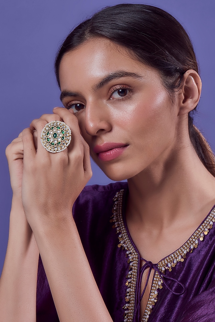 Gold Finish Emerald Synthetic Stone Ring by Aryah Jewels at Pernia's Pop Up Shop