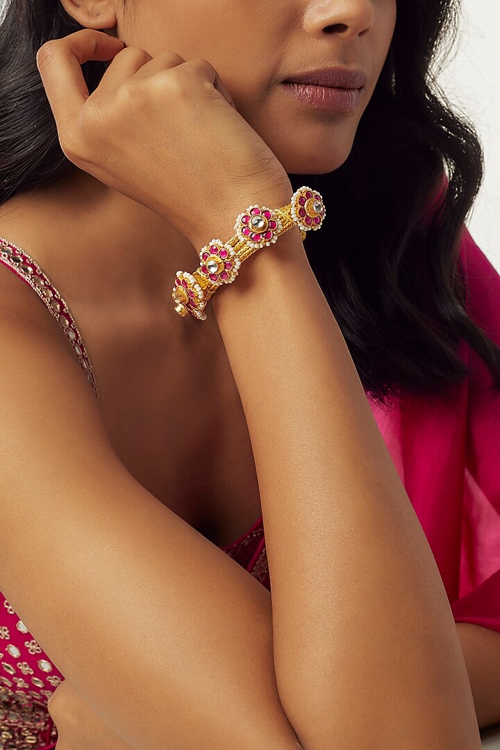 Gold Finish Ruby Stone & Moti Beaded Bracelet by Aryah Jewels