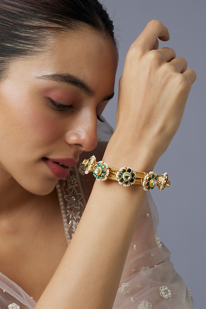 Gold Finish Pearl & Green Stone Bracelet by Aryah Jewels