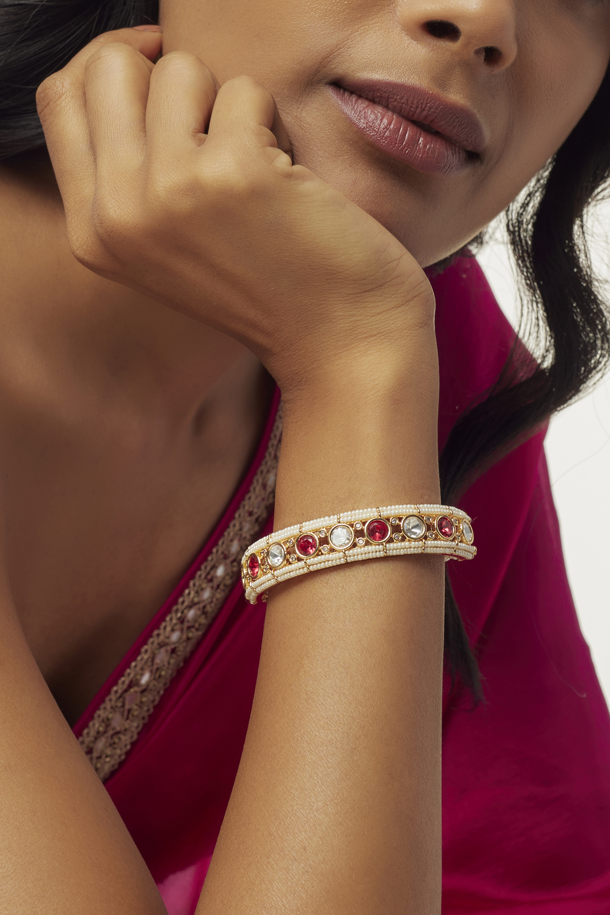 Gold Finish Pearl & Kundan Polki Meenakari Bracelet by Aryah Jewels